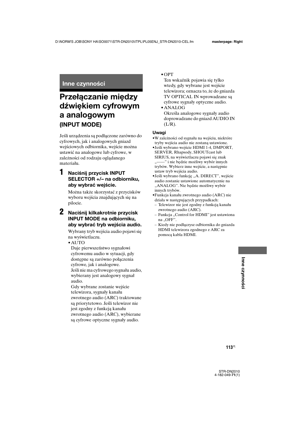 Inne czynności, Przełączanie między dźwiękiem cyfrowym, A analogowym (input mode) | Input mode) | Sony STR-DN2010 User Manual | Page 271 / 328