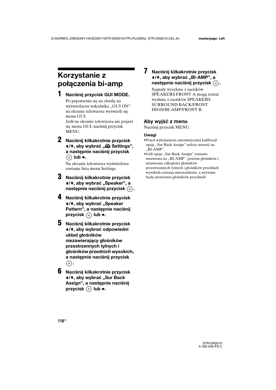 Korzystanie z połączenia bi-amp, Korzystanie z połączenia bi-amp 1 | Sony STR-DN2010 User Manual | Page 274 / 328