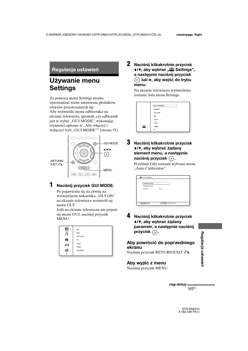 Regulacja ustawień, Używanie menu settings | Sony STR-DN2010 User Manual | Page 275 / 328