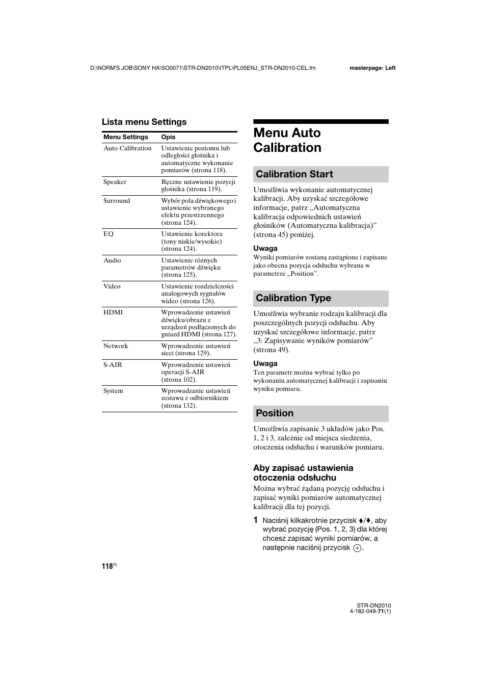 Menu auto calibration, Calibration start calibration type position, Lista menu settings | Aby zapisać ustawienia otoczenia odsłuchu | Sony STR-DN2010 User Manual | Page 276 / 328