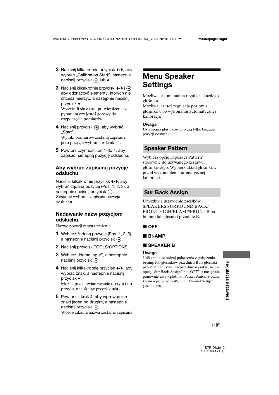 Menu speaker settings, Speaker pattern sur back assign | Sony STR-DN2010 User Manual | Page 277 / 328