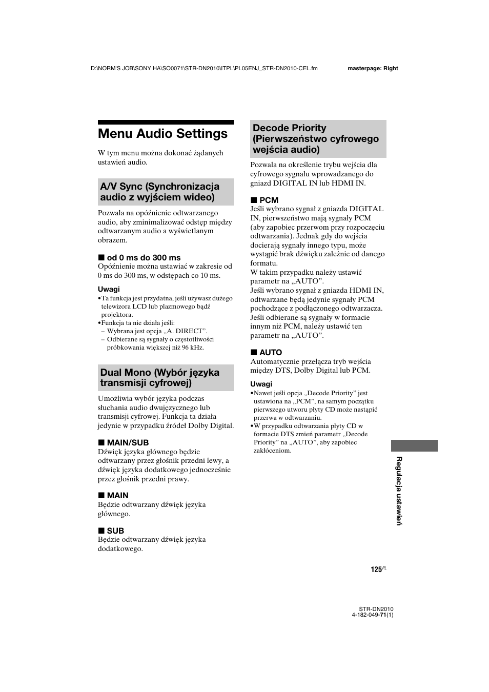 Menu audio settings | Sony STR-DN2010 User Manual | Page 283 / 328