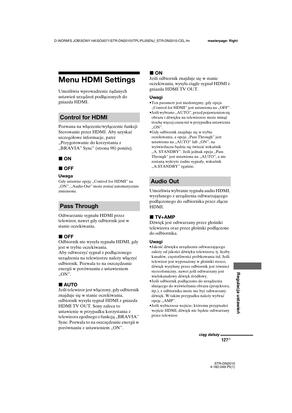 Menu hdmi settings, Control for hdmi pass through audio out | Sony STR-DN2010 User Manual | Page 285 / 328