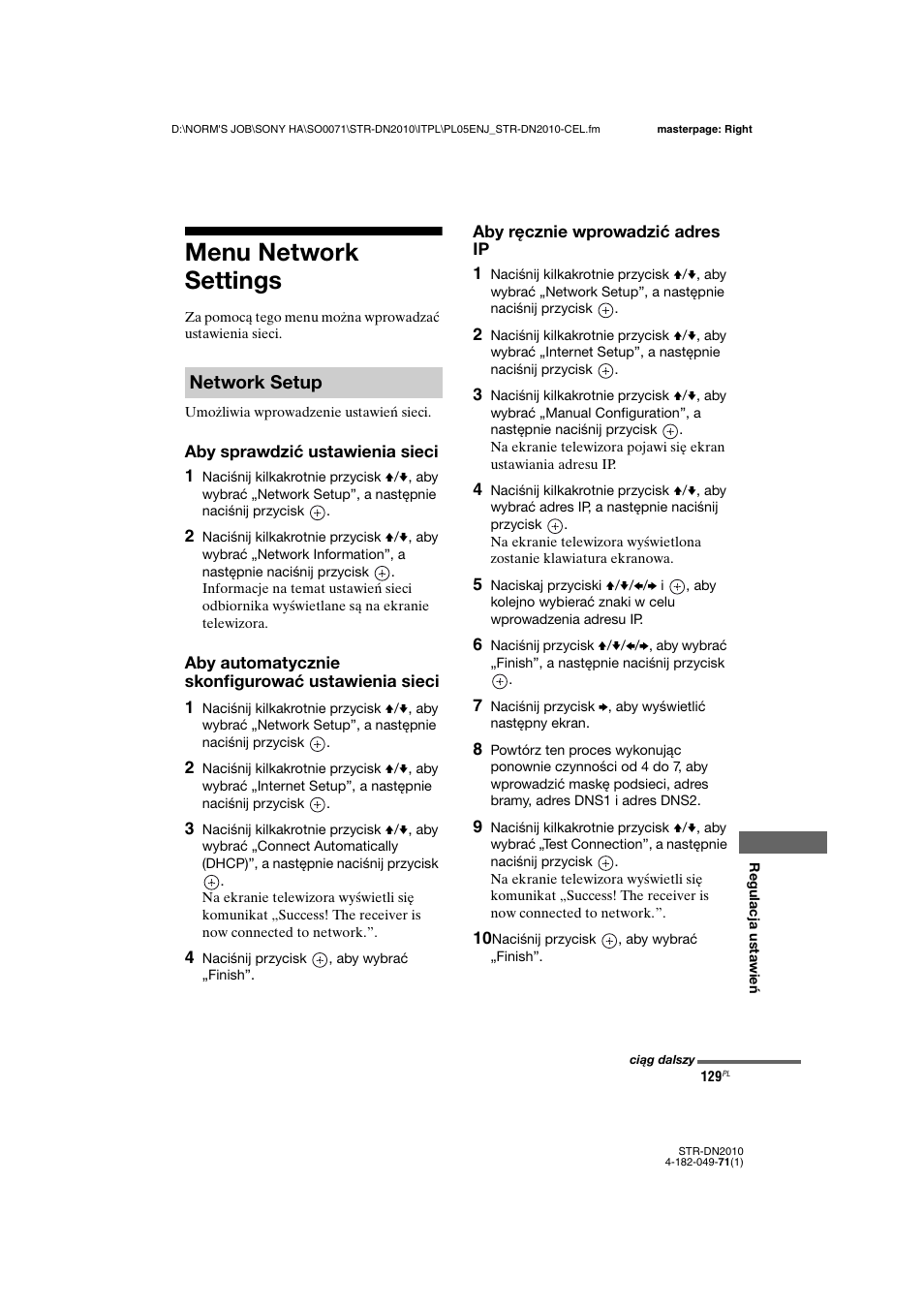 Menu network settings, Trz „aby ręcznie wprowadzić adres ip, Network setup | Sony STR-DN2010 User Manual | Page 287 / 328