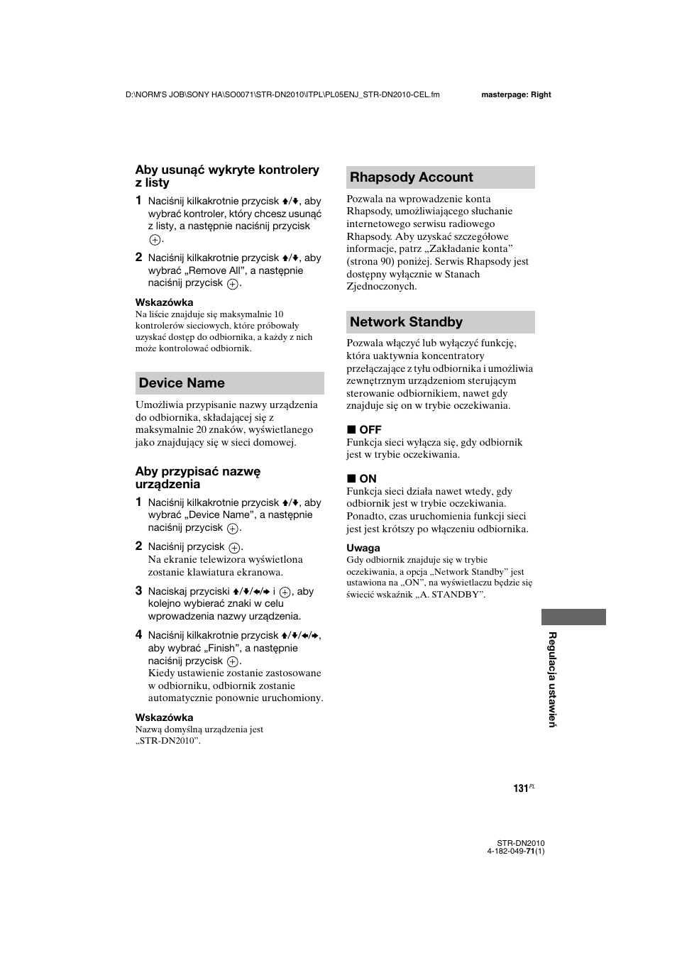 Device name rhapsody account network standby | Sony STR-DN2010 User Manual | Page 289 / 328