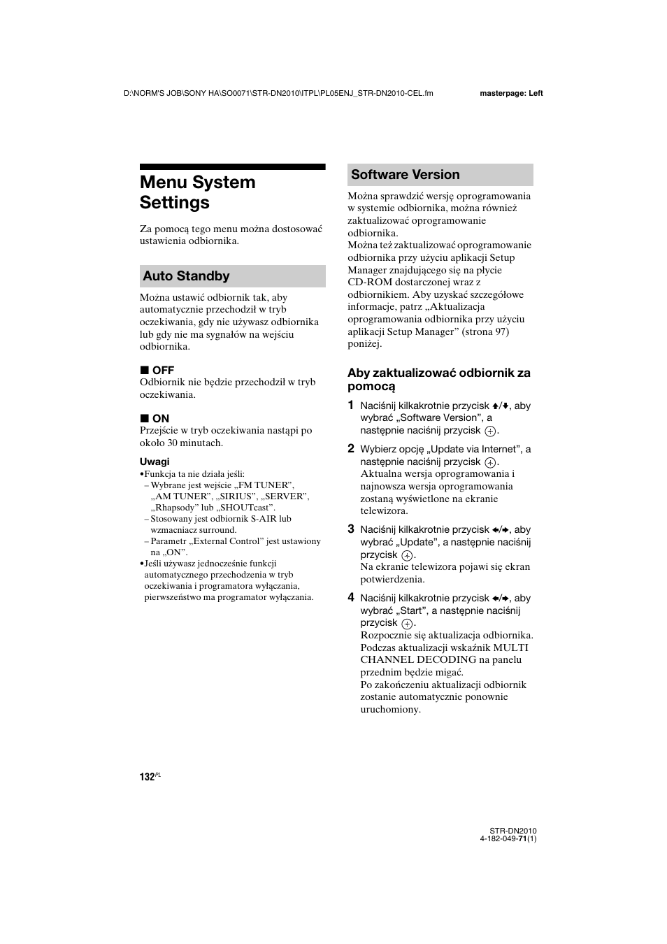 Menu system settings, Auto standby software version | Sony STR-DN2010 User Manual | Page 290 / 328