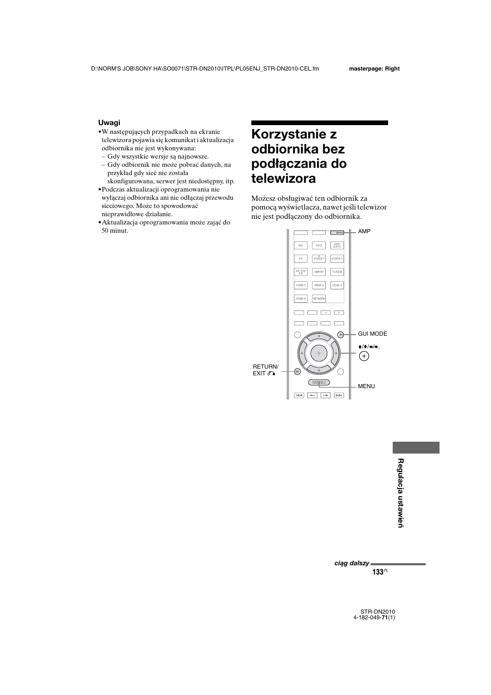 Korzystanie z odbiornika bez podłączania, Do telewizora | Sony STR-DN2010 User Manual | Page 291 / 328