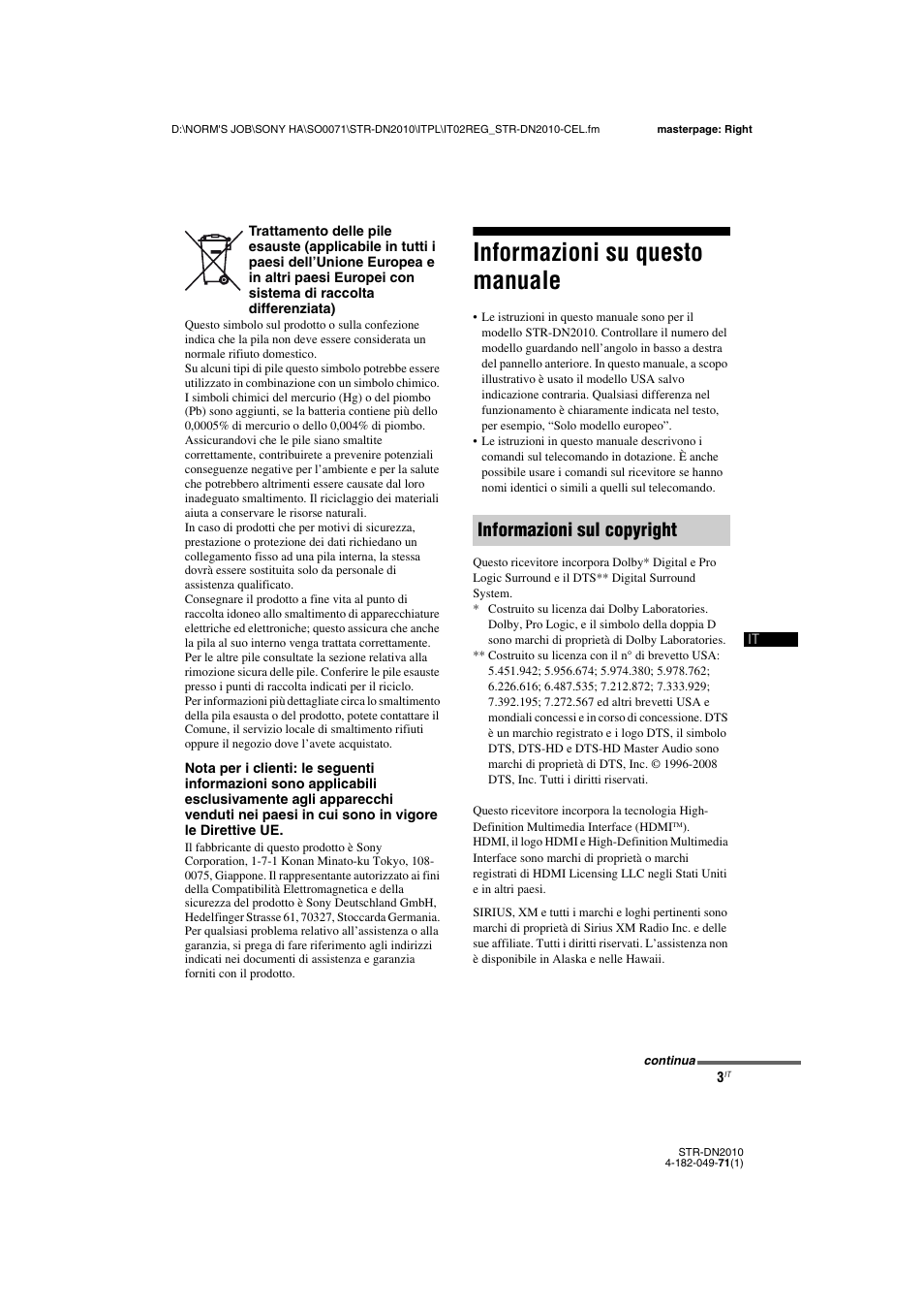 Informazioni su questo manuale, Informazioni sul copyright | Sony STR-DN2010 User Manual | Page 3 / 328