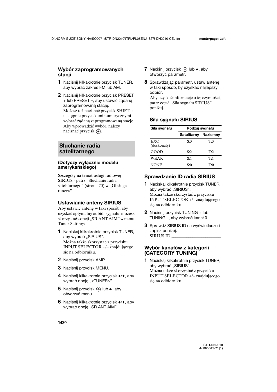 Słuchanie radia satelitarnego | Sony STR-DN2010 User Manual | Page 300 / 328