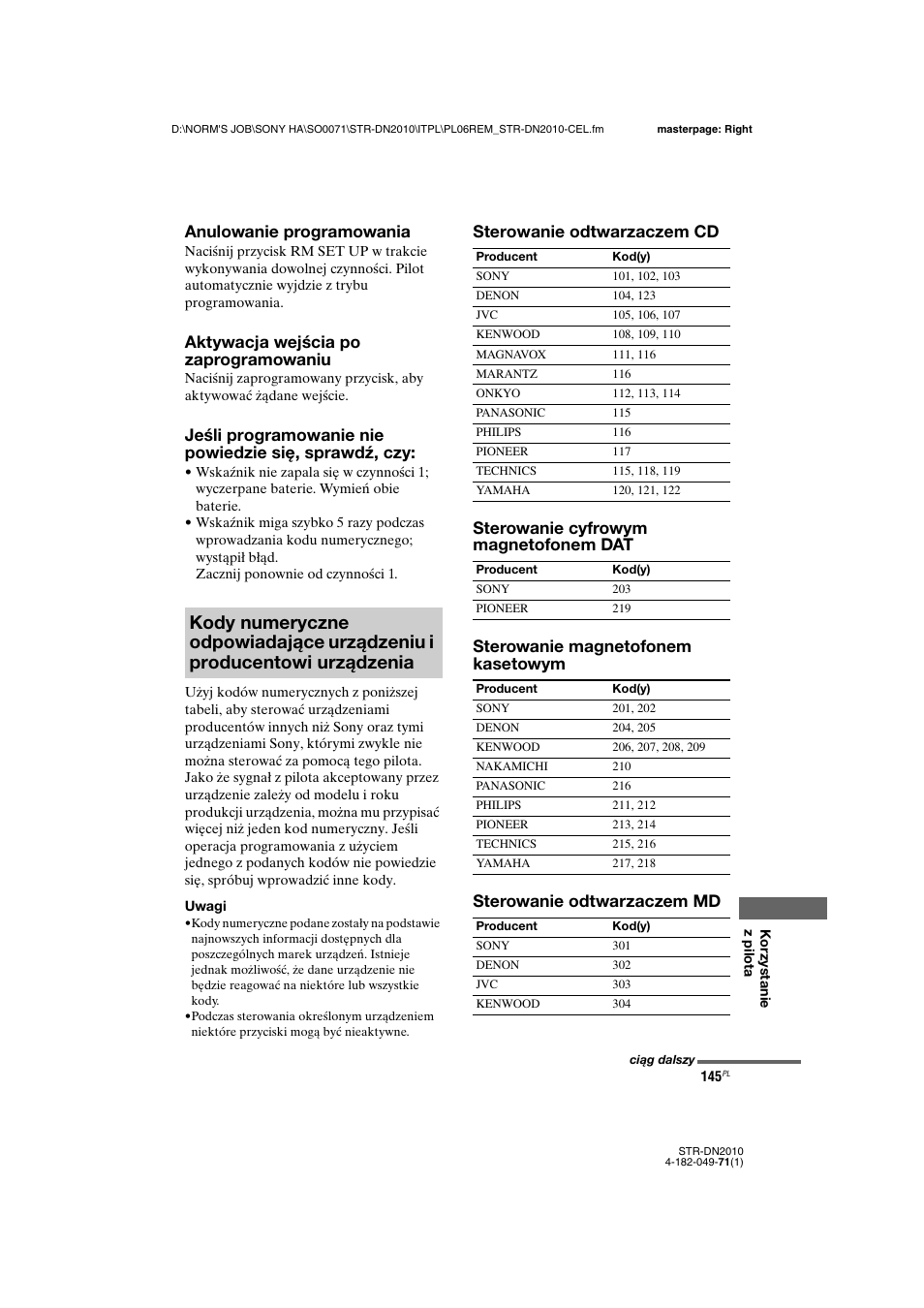 Anulowanie programowania, Aktywacja wejścia po zaprogramowaniu | Sony STR-DN2010 User Manual | Page 303 / 328