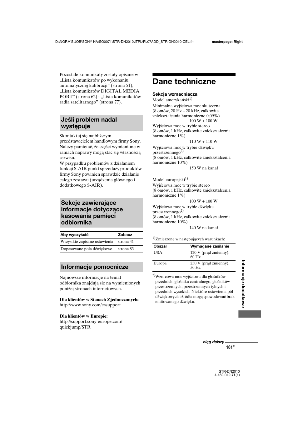 Dane techniczne, Informacje pomocnicze | Sony STR-DN2010 User Manual | Page 319 / 328