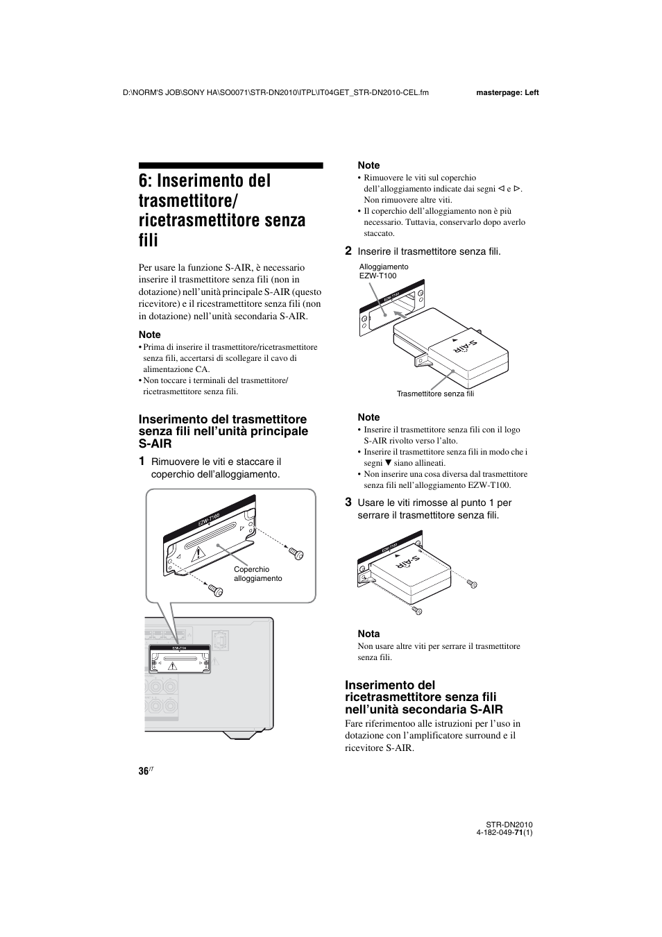 Inserimento del trasmettitore, Ricetrasmettitore senza fili | Sony STR-DN2010 User Manual | Page 36 / 328