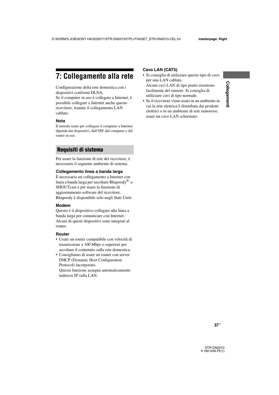 Collegamento alla rete, Requisiti di sistema | Sony STR-DN2010 User Manual | Page 37 / 328