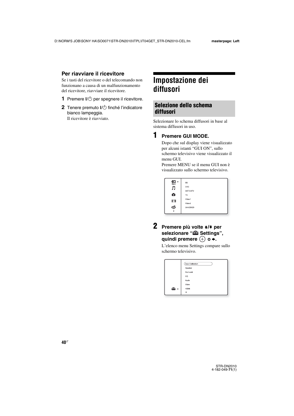 Impostazione dei diffusori, Selezione dello schema diffusori | Sony STR-DN2010 User Manual | Page 40 / 328