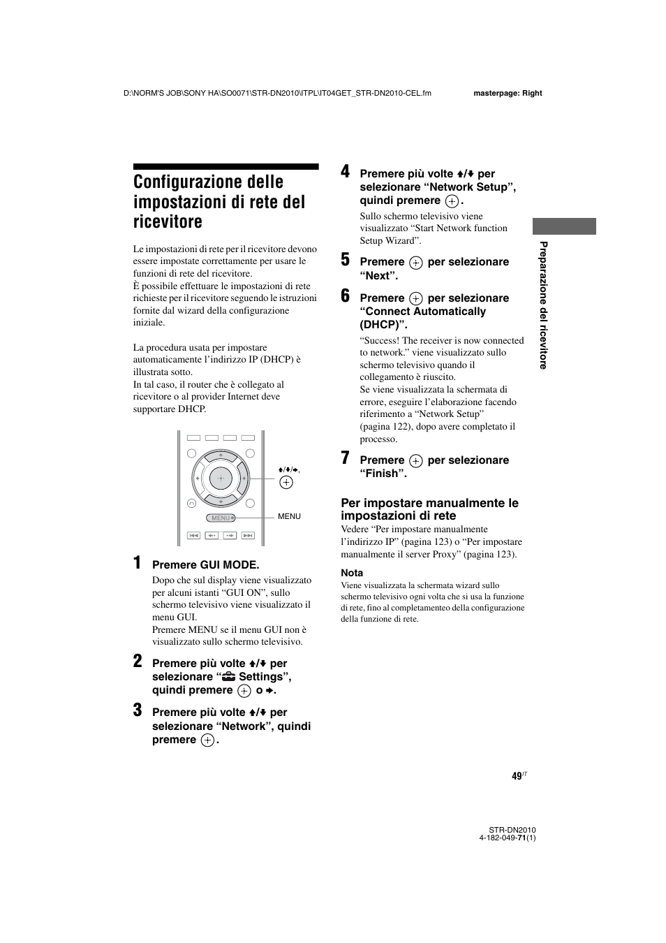 Configurazione delle impostazioni di rete del, Ricevitore | Sony STR-DN2010 User Manual | Page 49 / 328