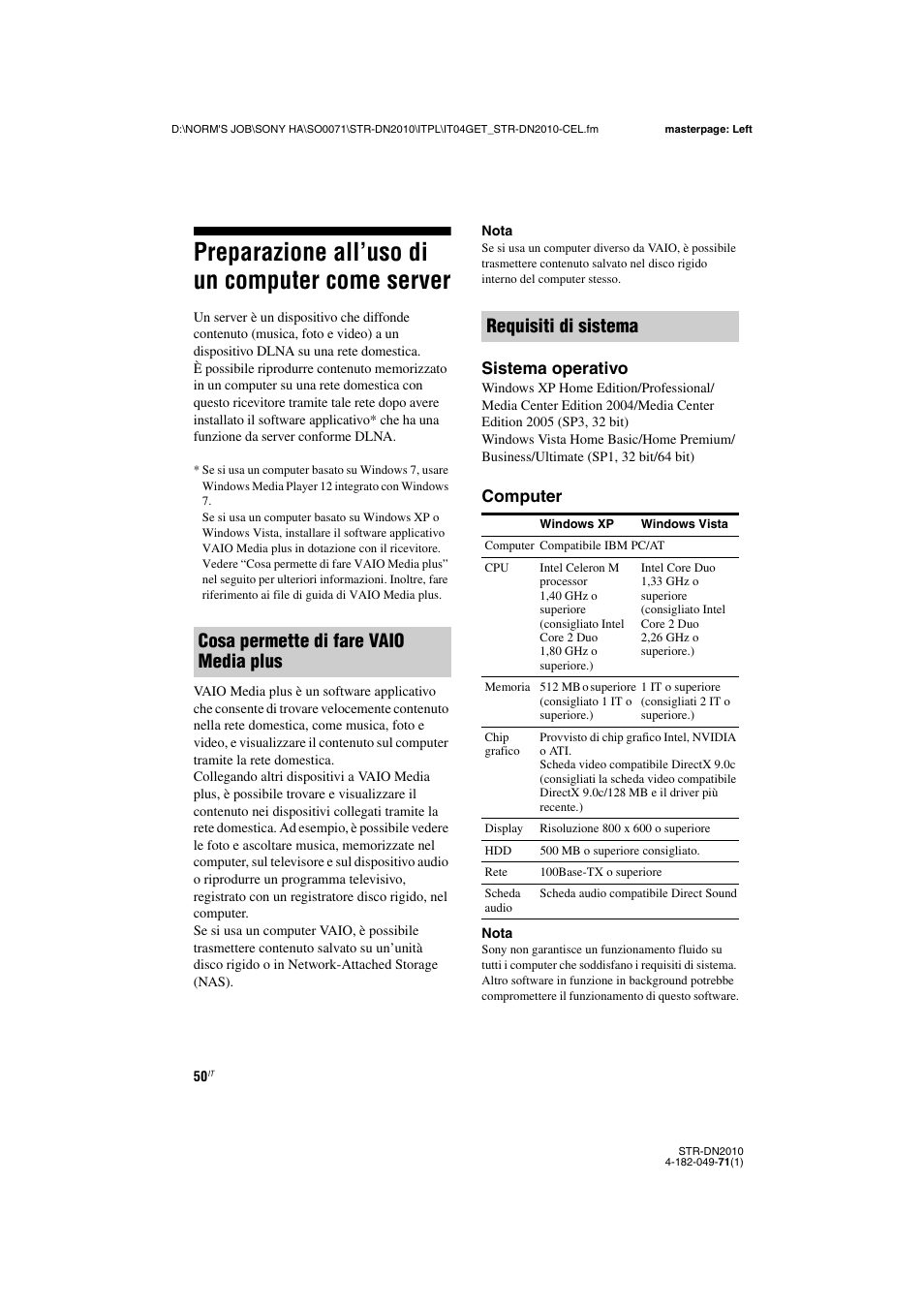 Preparazione all’uso di un computer come server, Preparazione all’uso di un computer come, Server | Sistema operativo, Computer | Sony STR-DN2010 User Manual | Page 50 / 328