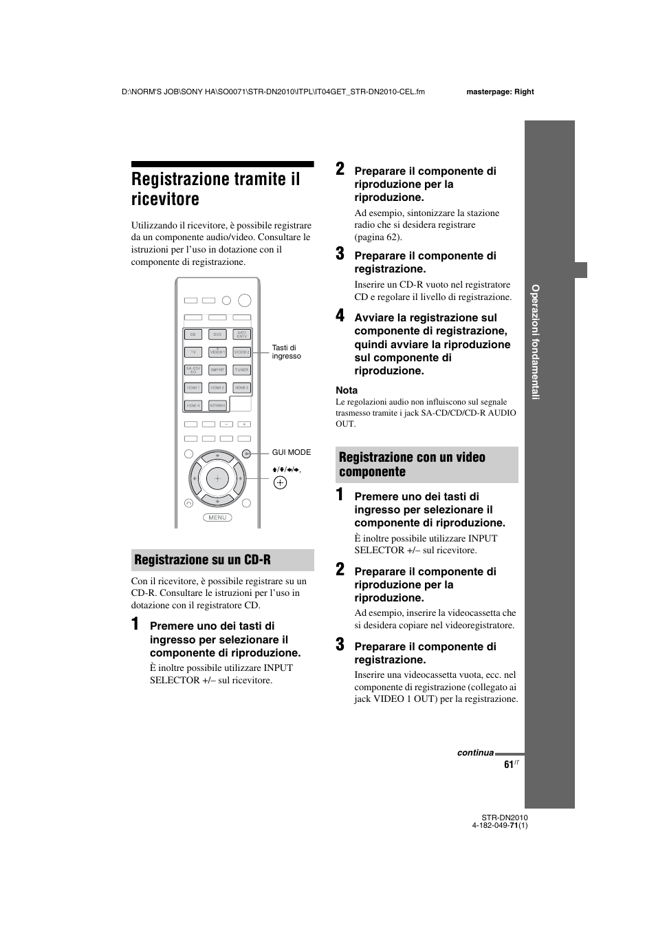 Registrazione tramite il ricevitore | Sony STR-DN2010 User Manual | Page 61 / 328