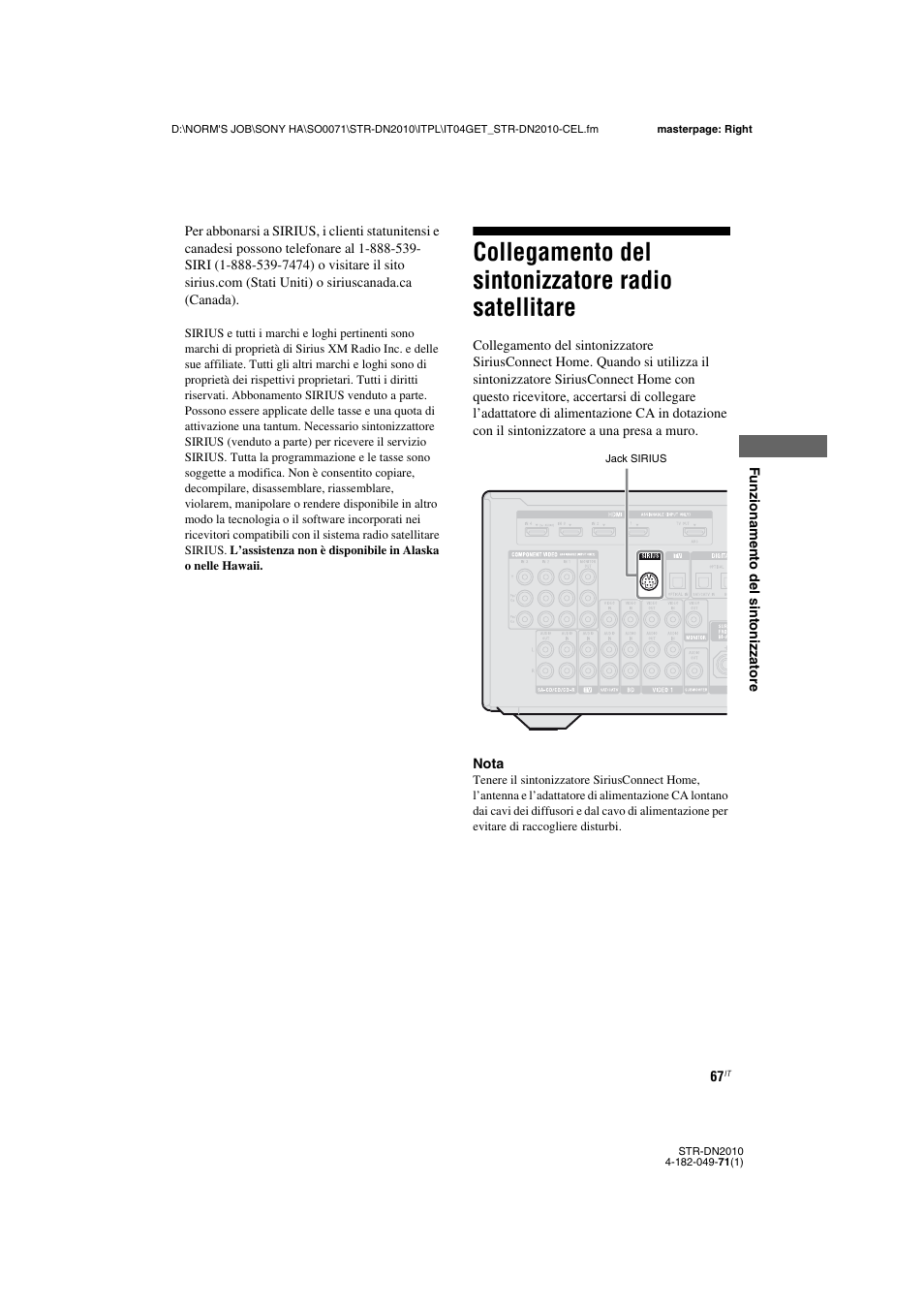 Collegamento del sintonizzatore radio satellitare, Collegamento del sintonizzatore radio, Satellitare | Sony STR-DN2010 User Manual | Page 67 / 328