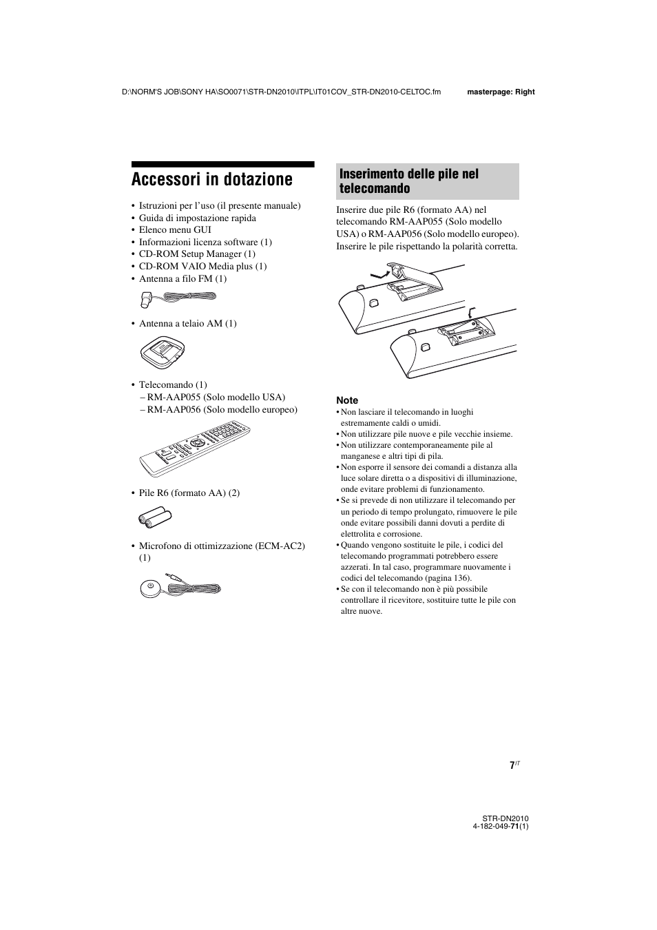 Accessori in dotazione, Inserimento delle pile nel telecomando | Sony STR-DN2010 User Manual | Page 7 / 328