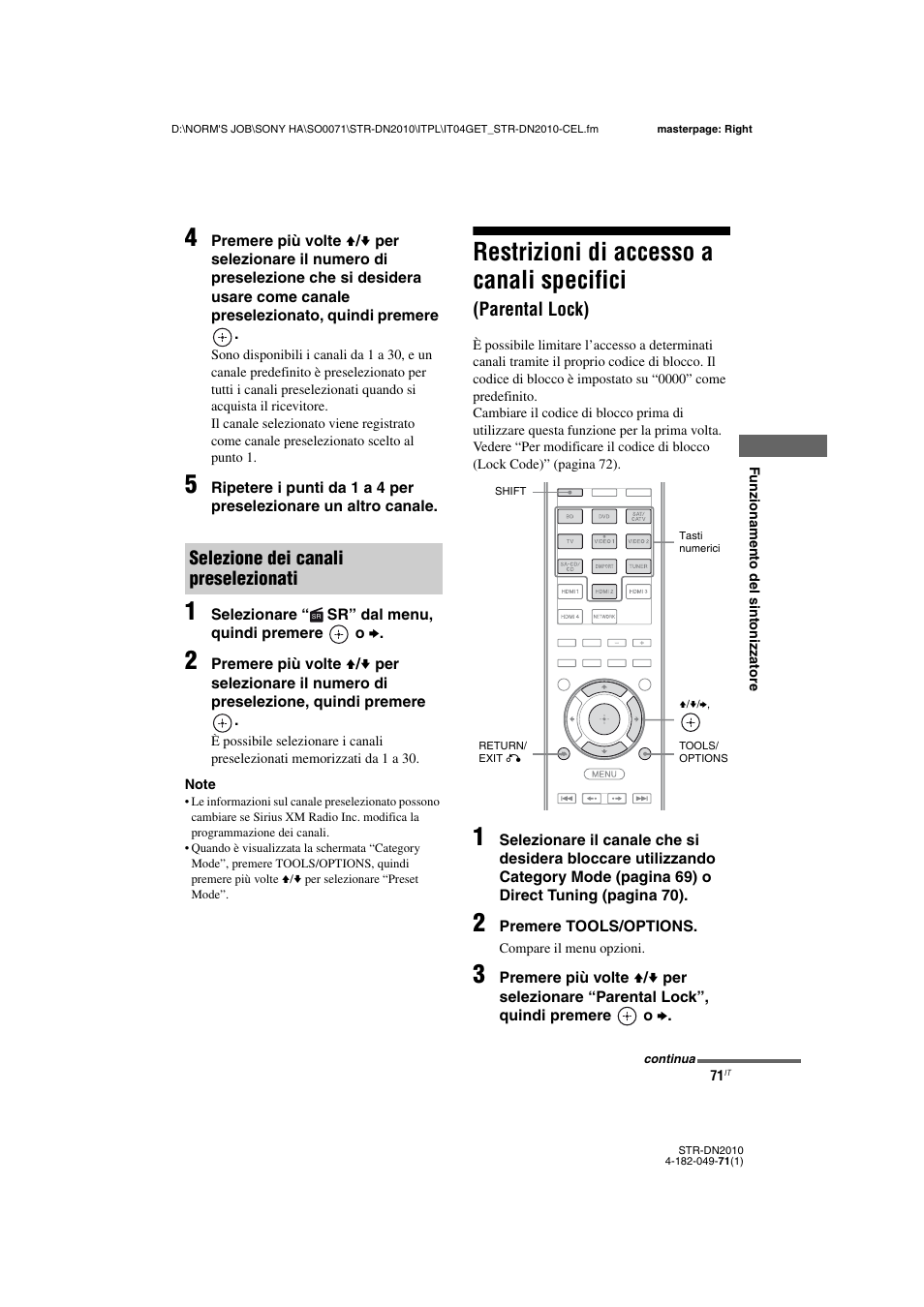 Restrizioni di accesso a canali specifici, Parental lock), Selezione dei canali preselezionati | Sony STR-DN2010 User Manual | Page 71 / 328