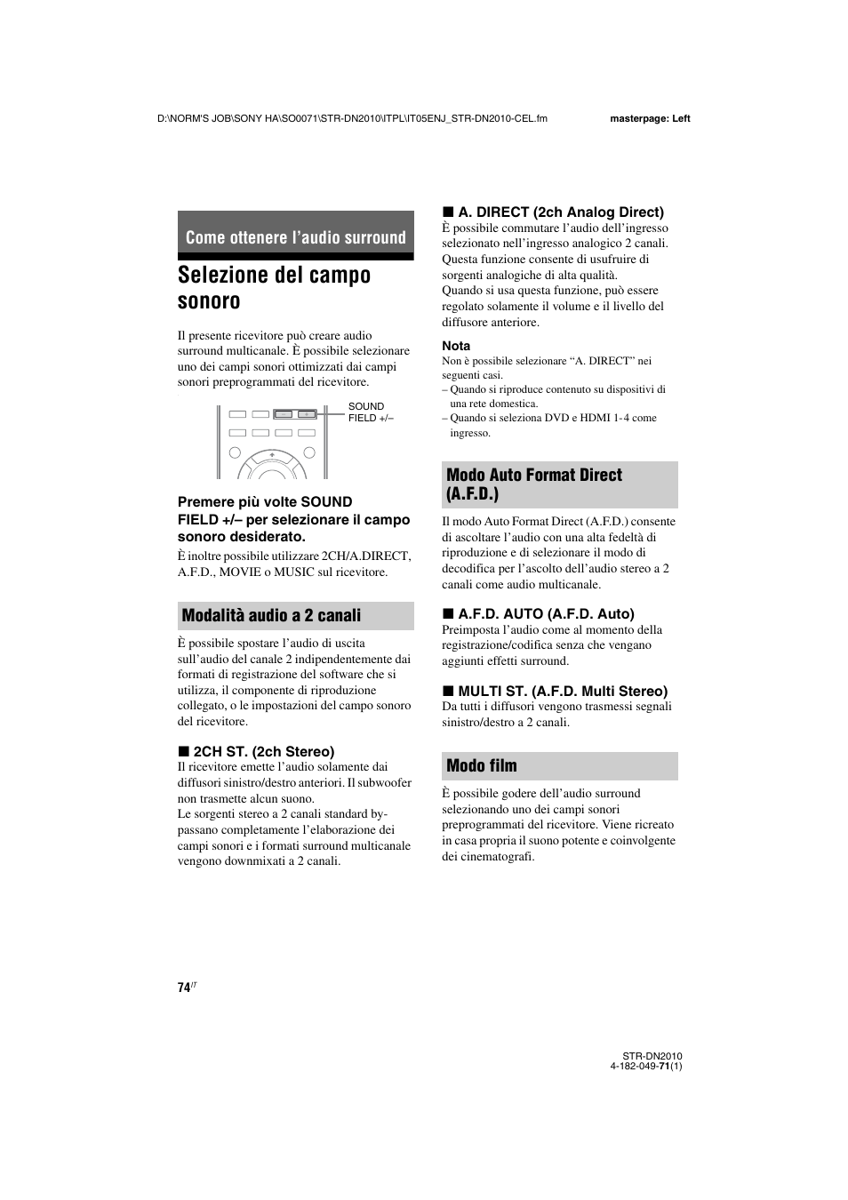 Come ottenere l’audio surround, Selezione del campo sonoro, Ina 74, 7 | Modo auto format direct (a.f.d.) modo film | Sony STR-DN2010 User Manual | Page 74 / 328