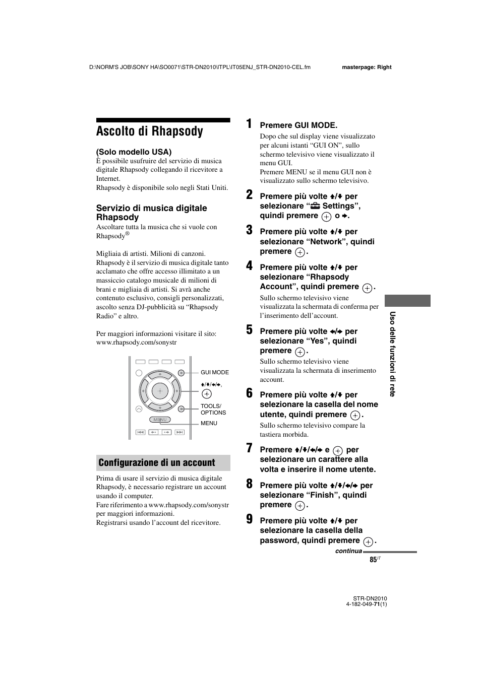 Ascolto di rhapsody, Solo modello usa) | Sony STR-DN2010 User Manual | Page 85 / 328