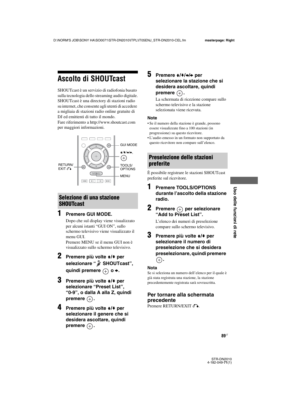 Ascolto di shoutcast, 89) e | Sony STR-DN2010 User Manual | Page 89 / 328