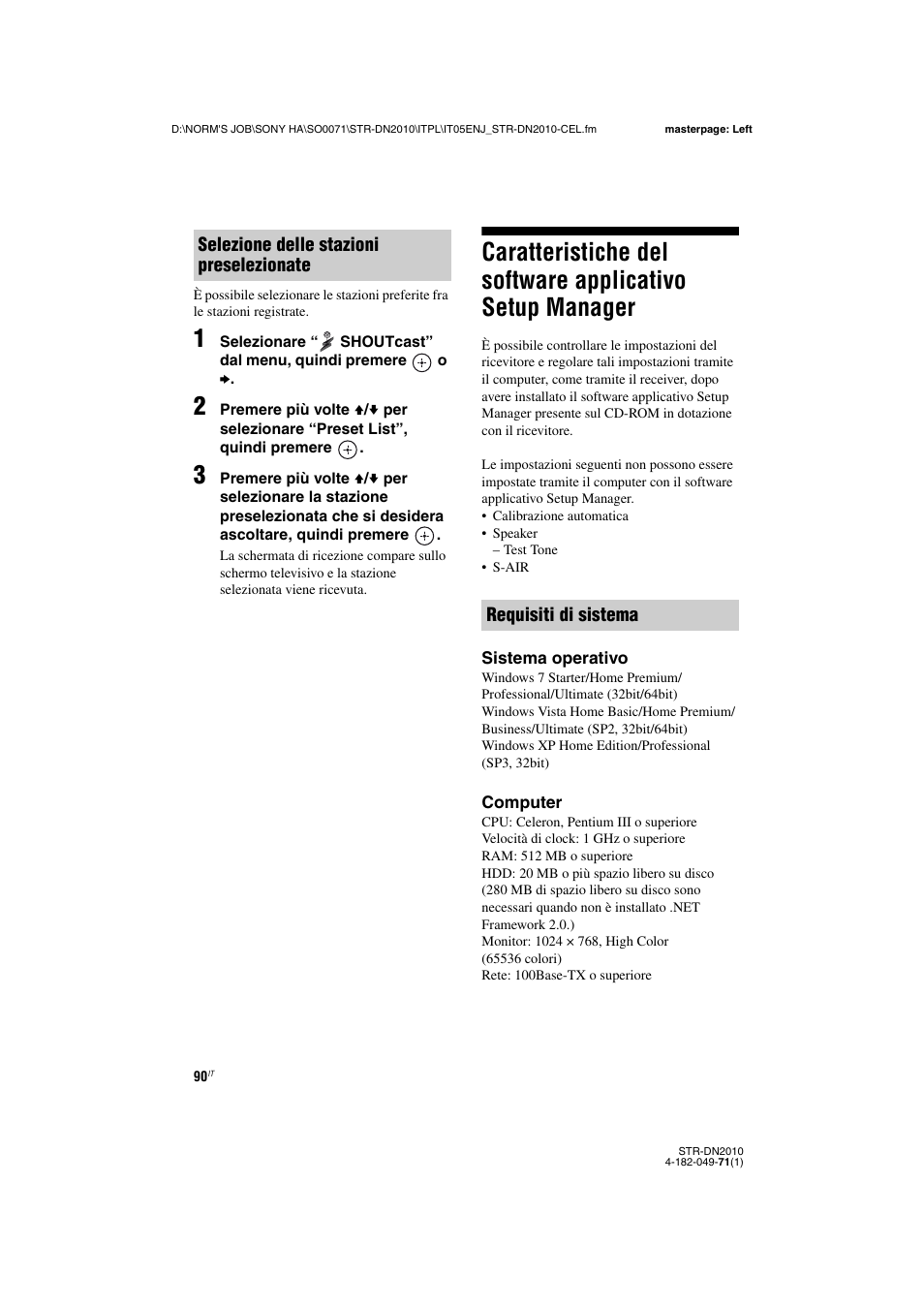 Caratteristiche del software applicativo setup, Manager | Sony STR-DN2010 User Manual | Page 90 / 328