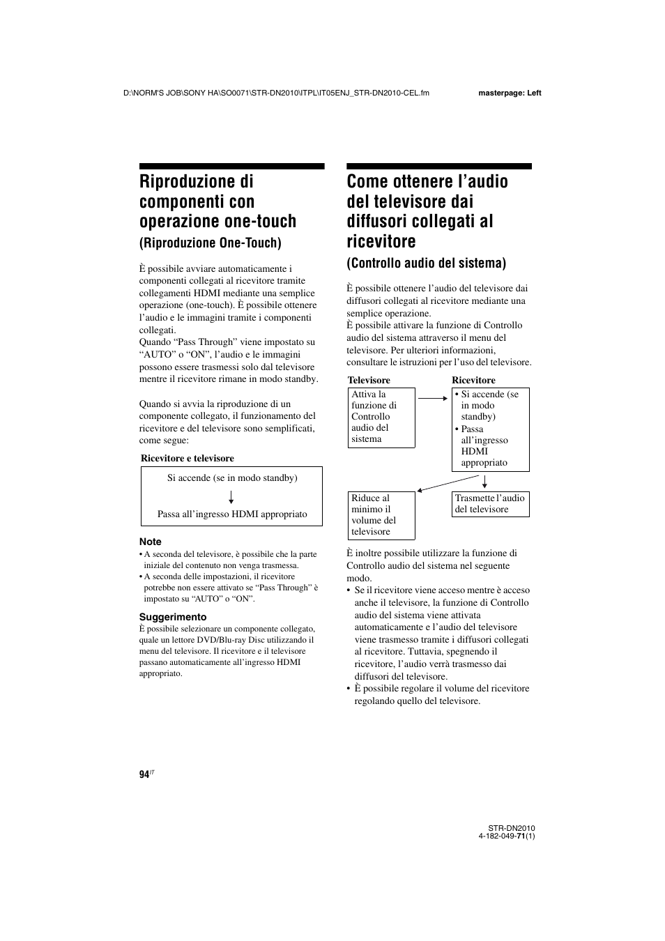 Riproduzione di componenti con operazione, One-touch (riproduzione one-touch), Come ottenere l’audio del televisore dai | Diffusori collegati al ricevitore, Controllo audio del sistema), Riproduzione one-touch) | Sony STR-DN2010 User Manual | Page 94 / 328