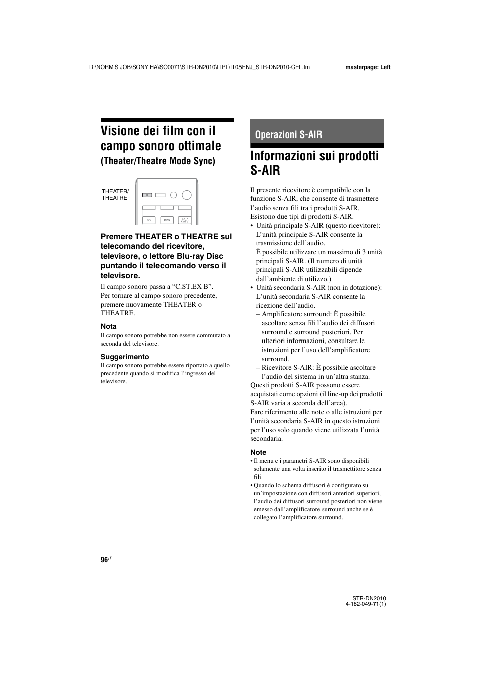 Operazioni s-air, Informazioni sui prodotti s-air, Visione dei film con il campo sonoro ottimale | Theater/theatre mode sync) | Sony STR-DN2010 User Manual | Page 96 / 328