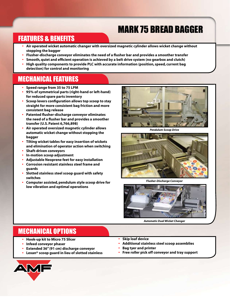 Mark 75 bread bagger, Features, Benefits mechanical features mechanical options | AMF Mark 75 User Manual | Page 2 / 4