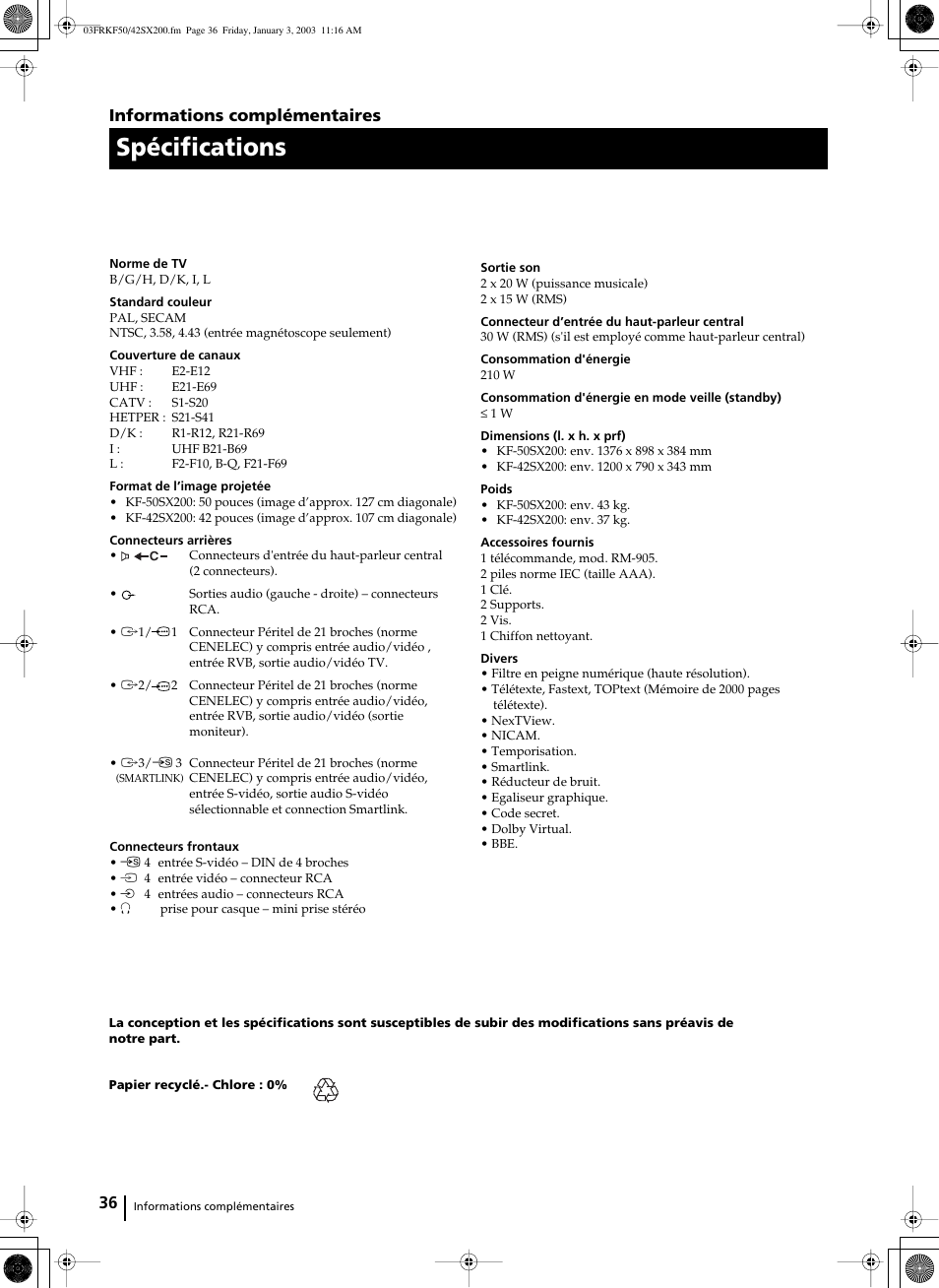 Spécifications, Informations complémentaires | Sony KF-42SX200 User Manual | Page 105 / 251