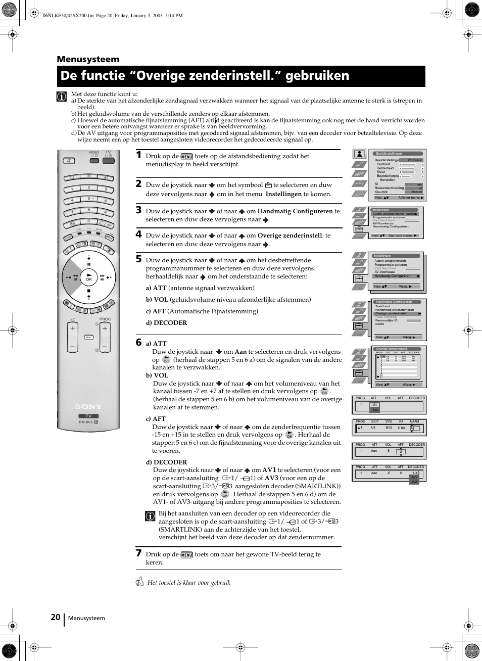 De functie “overige zenderinstell.” gebruiken, Menusysteem | Sony KF-42SX200 User Manual | Page 198 / 251