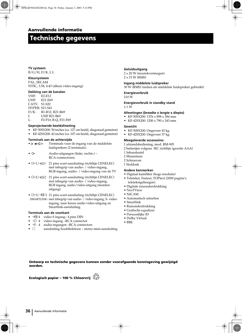 Technische gegevens, 36 aanvullende informatie | Sony KF-42SX200 User Manual | Page 214 / 251