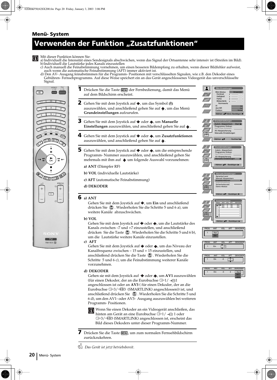 Verwenden der funktion „zusatzfunktionen, Menü- system | Sony KF-42SX200 User Manual | Page 54 / 251