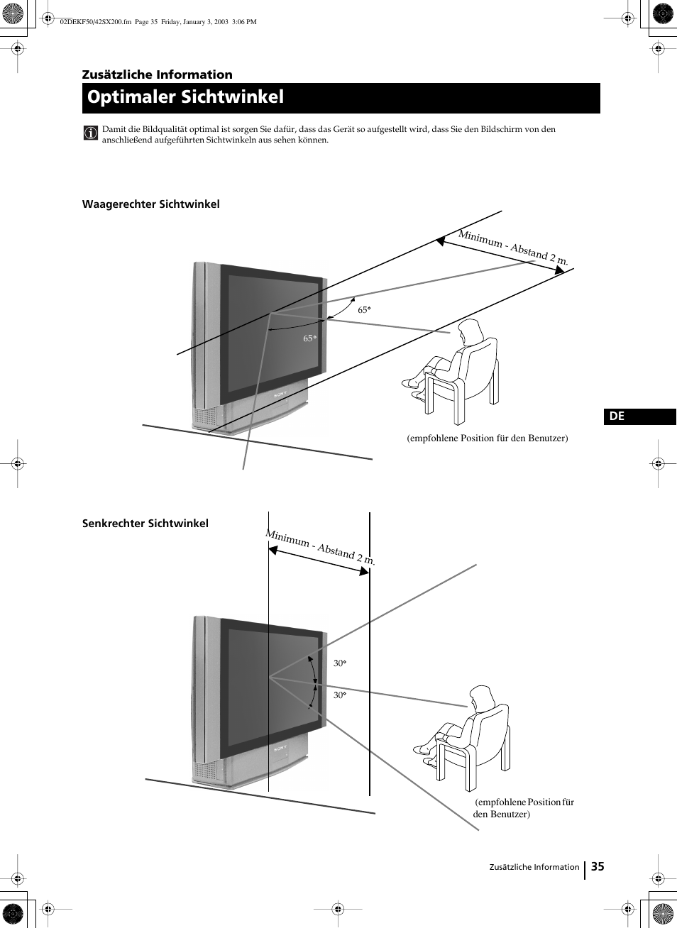 Optimaler sichtwinkel | Sony KF-42SX200 User Manual | Page 69 / 251