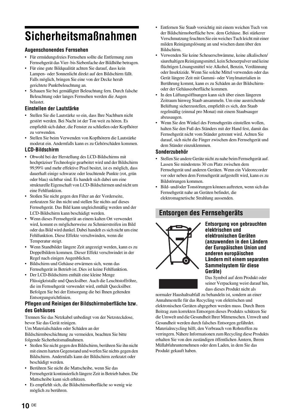 Sicherheitsmaßnahmen, Entsorgen des fernsehgeräts | Sony KDL-15G2000 User Manual | Page 10 / 140