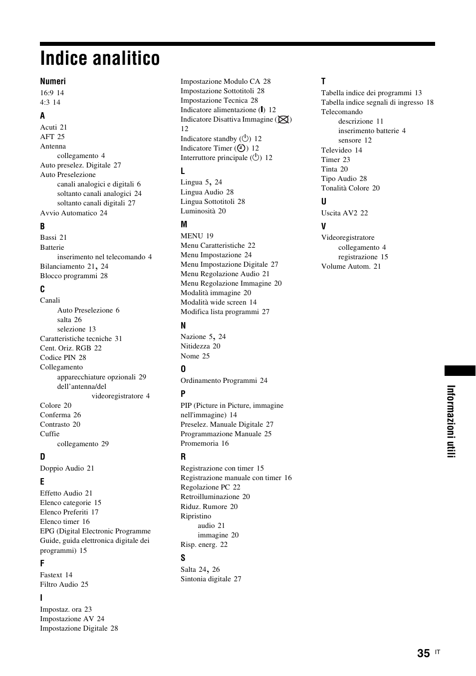 Indice analitico | Sony KDL-15G2000 User Manual | Page 103 / 140