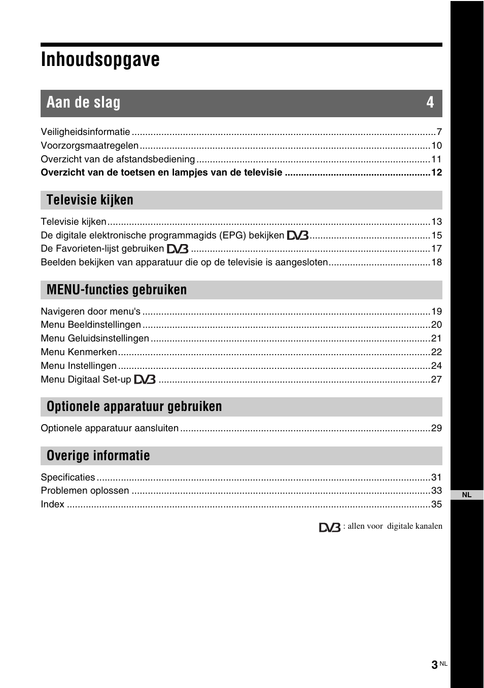 Inhoudsopgave, Aa n de slag 4 | Sony KDL-15G2000 User Manual | Page 105 / 140