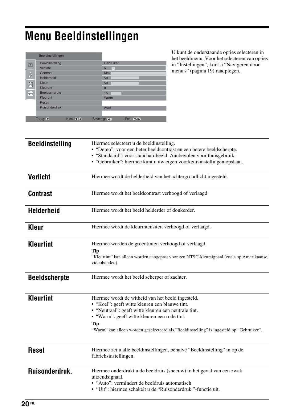 Menu beeldinstellingen, Beeldinstelling, Verlicht | Contrast, Helderheid, Kleur, Kleurtint, Beeldscherpte, Reset, Ruisonderdruk | Sony KDL-15G2000 User Manual | Page 122 / 140