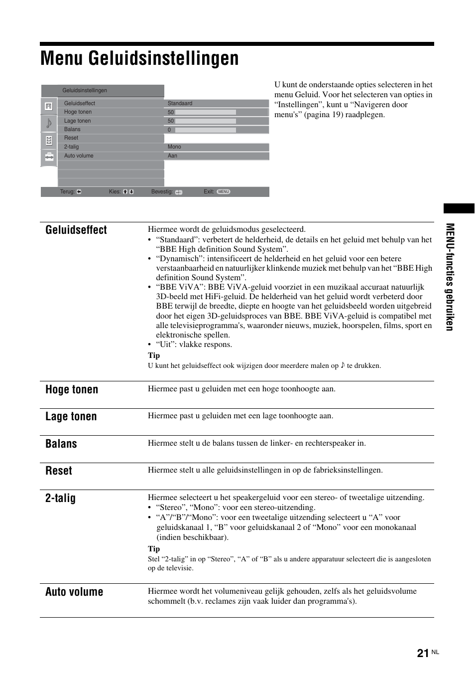 Menu geluidsinstellingen, Geluidseffect, Hoge tonen | Lage tonen, Balans, Reset, Talig, Auto volume, Me nu-f unc ti es g ebr uik en | Sony KDL-15G2000 User Manual | Page 123 / 140