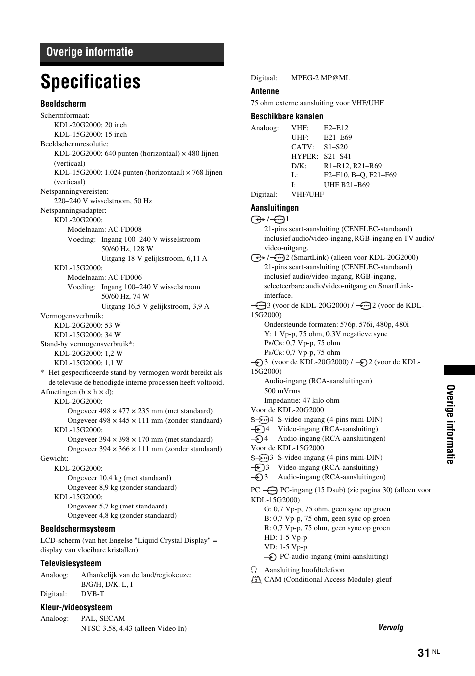 Overige informatie, Specificaties, Ove rig e in fo rm a tie | Sony KDL-15G2000 User Manual | Page 133 / 140
