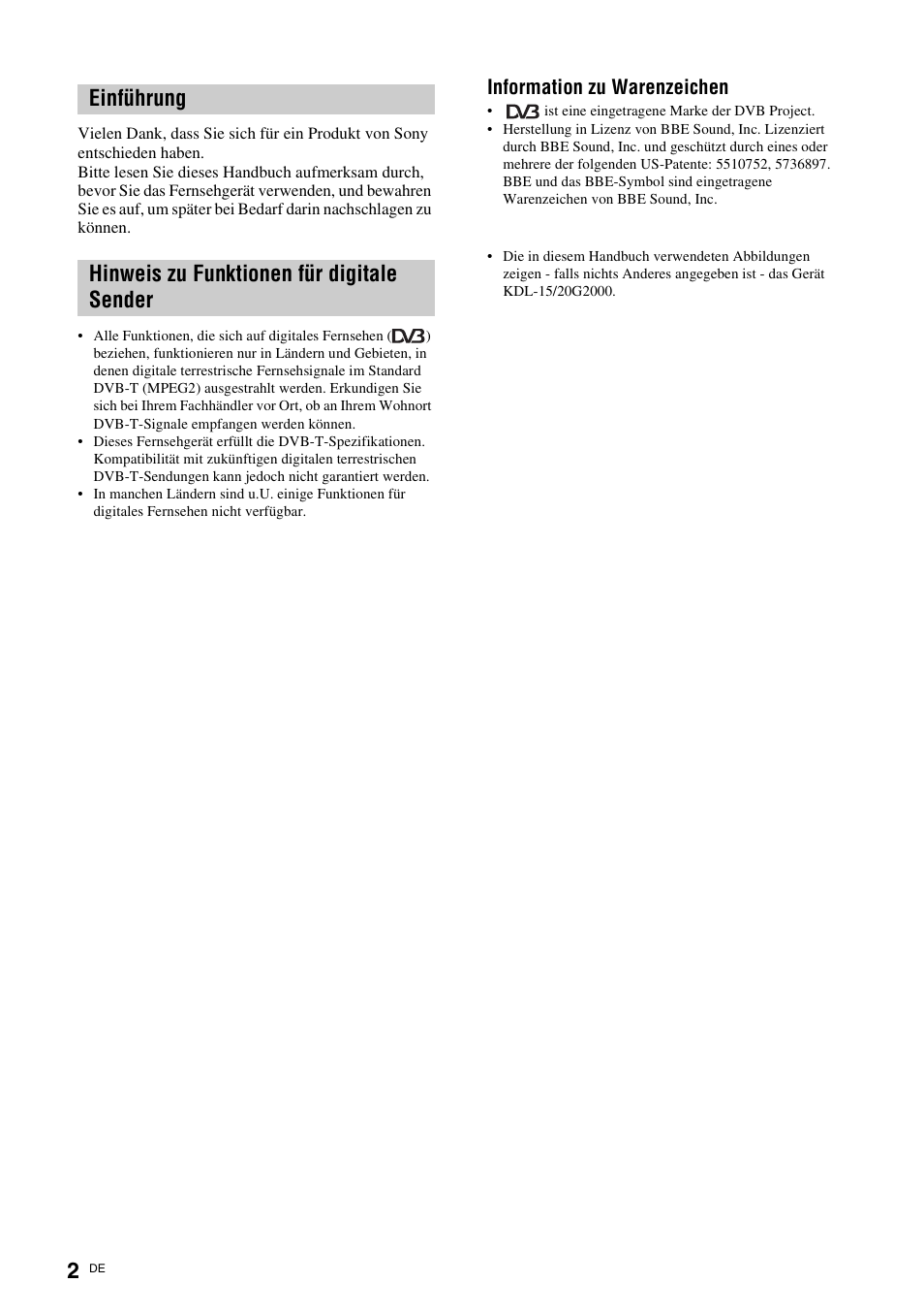 Hinweis zu funktionen für digitale sender, Information zu warenzeichen | Sony KDL-15G2000 User Manual | Page 2 / 140