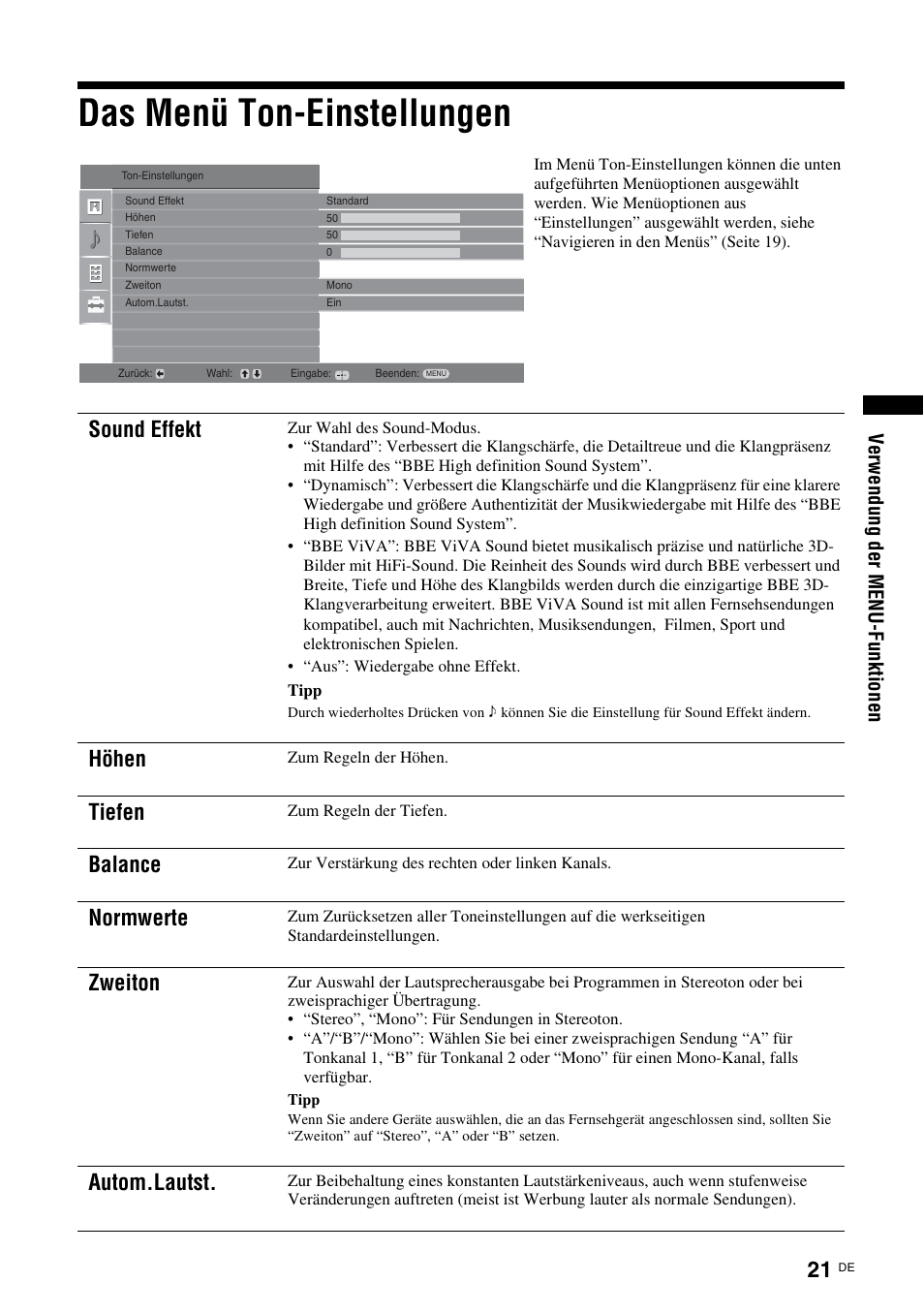 Das menü ton-einstellungen, Seite 21), Sound effekt | Höhen, Tiefen, Balance, Normwerte, Zweiton, Autom.lautst, Verwe ndung der menu-f unkt ionen | Sony KDL-15G2000 User Manual | Page 21 / 140