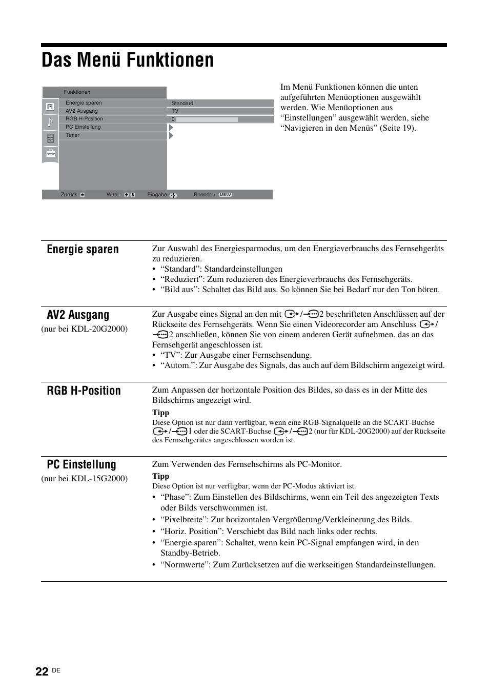 Das menü funktionen, Seite 22), Energie sparen | Av2 ausgang, Rgb h-position, Pc einstellung | Sony KDL-15G2000 User Manual | Page 22 / 140