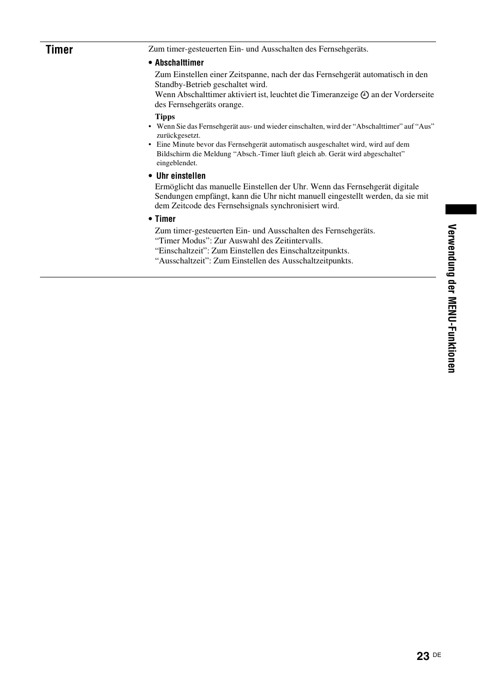 E (seite 23), Timer | Sony KDL-15G2000 User Manual | Page 23 / 140
