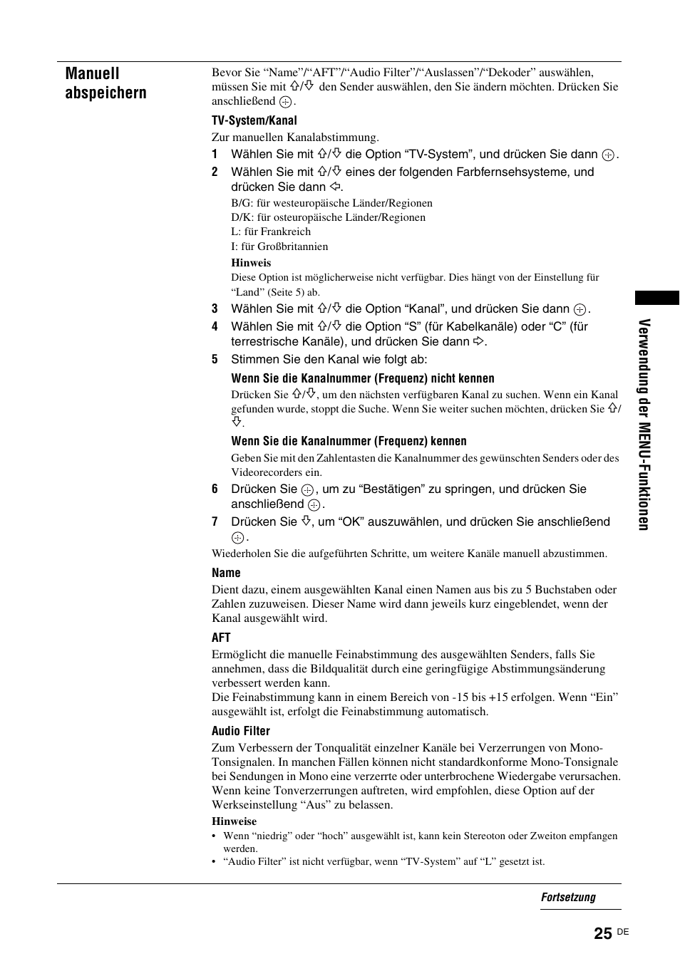 Manuell abspeichern | Sony KDL-15G2000 User Manual | Page 25 / 140