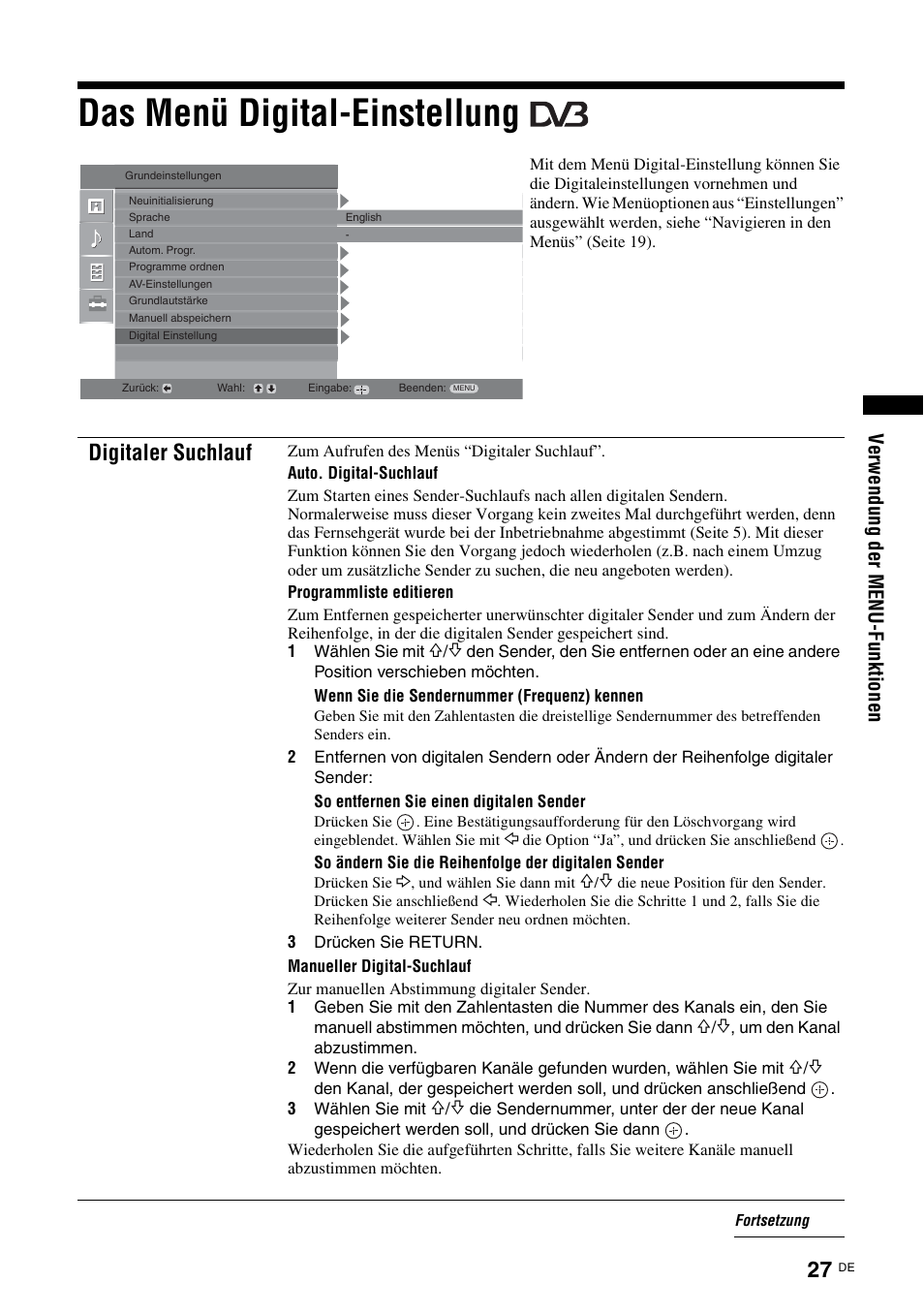 Das menü digital-einstellung, Das menü digital-einstellungen, Digitaler suchlauf | Sony KDL-15G2000 User Manual | Page 27 / 140