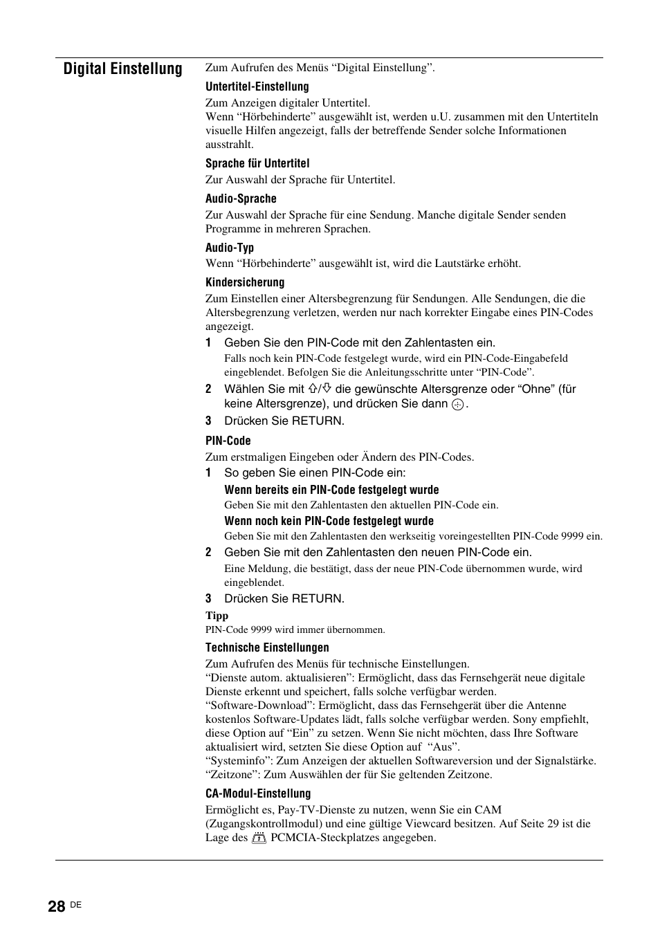 S 28, Digital einstellung | Sony KDL-15G2000 User Manual | Page 28 / 140
