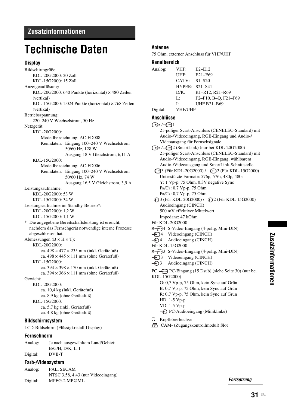 Zusatzinformationen, Technische daten, Zu sat zi n fo rmat io nen | Sony KDL-15G2000 User Manual | Page 31 / 140
